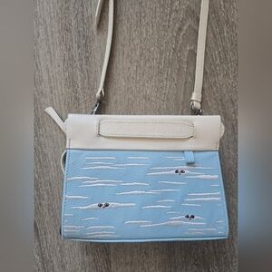 Min & Mon Blue White Leather "Eyes" Cloud Embroidery Crossbody Bag